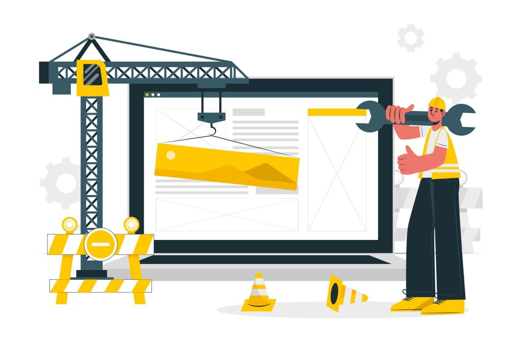 Illustrazione: costruzione di un sito web, con una gru che posiziona i blocchi della pagina su uno schermo