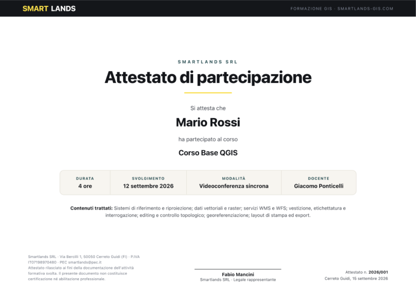 Facsimile dell’attestato di partecipazione rilasciato da SmartLands