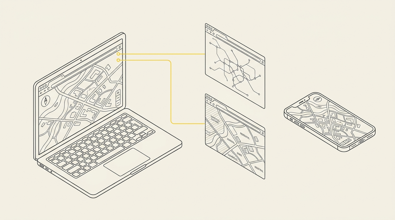 Illustrazione: una mappa web consultabile da computer e telefono