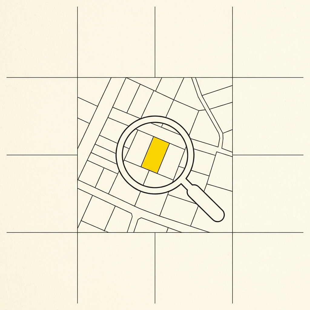 Illustrazione tecnica: mappa catastale con lente su una particella, tratto inchiostro e giallo su carta
