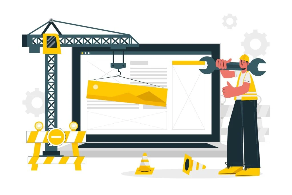 Illustrazione: costruzione di un sito web, con una gru che posiziona i blocchi della pagina su uno schermo