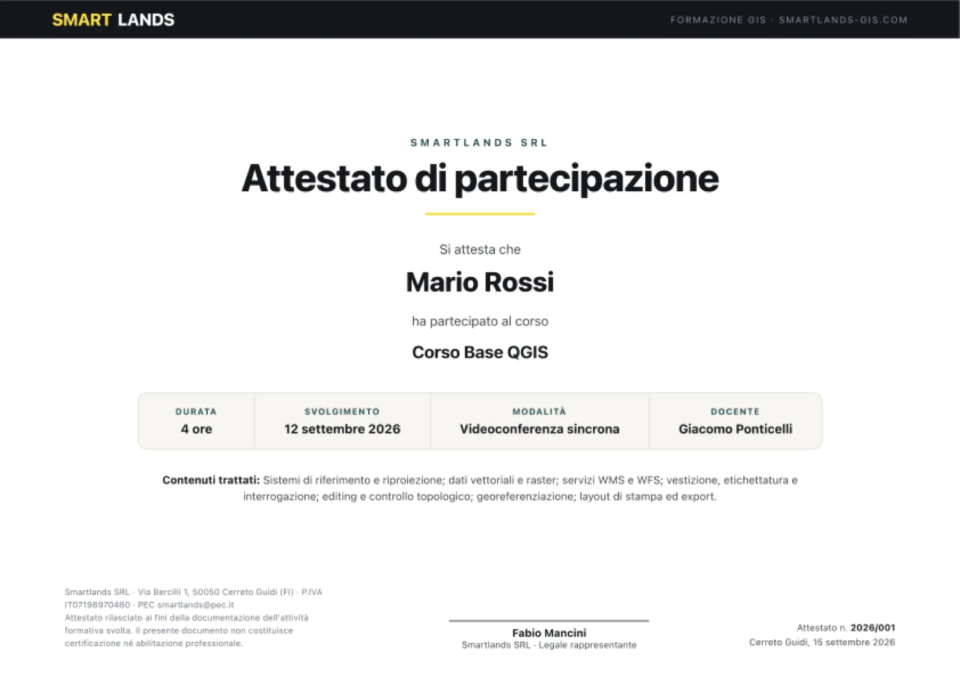 Facsimile dell’attestato di partecipazione rilasciato da SmartLands