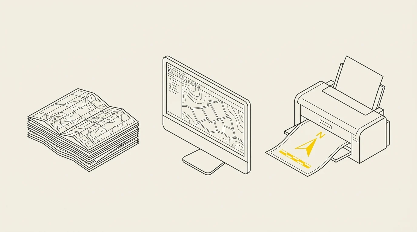 Illustrazione: dalle mappe di carta a QGIS fino alla tavola stampata