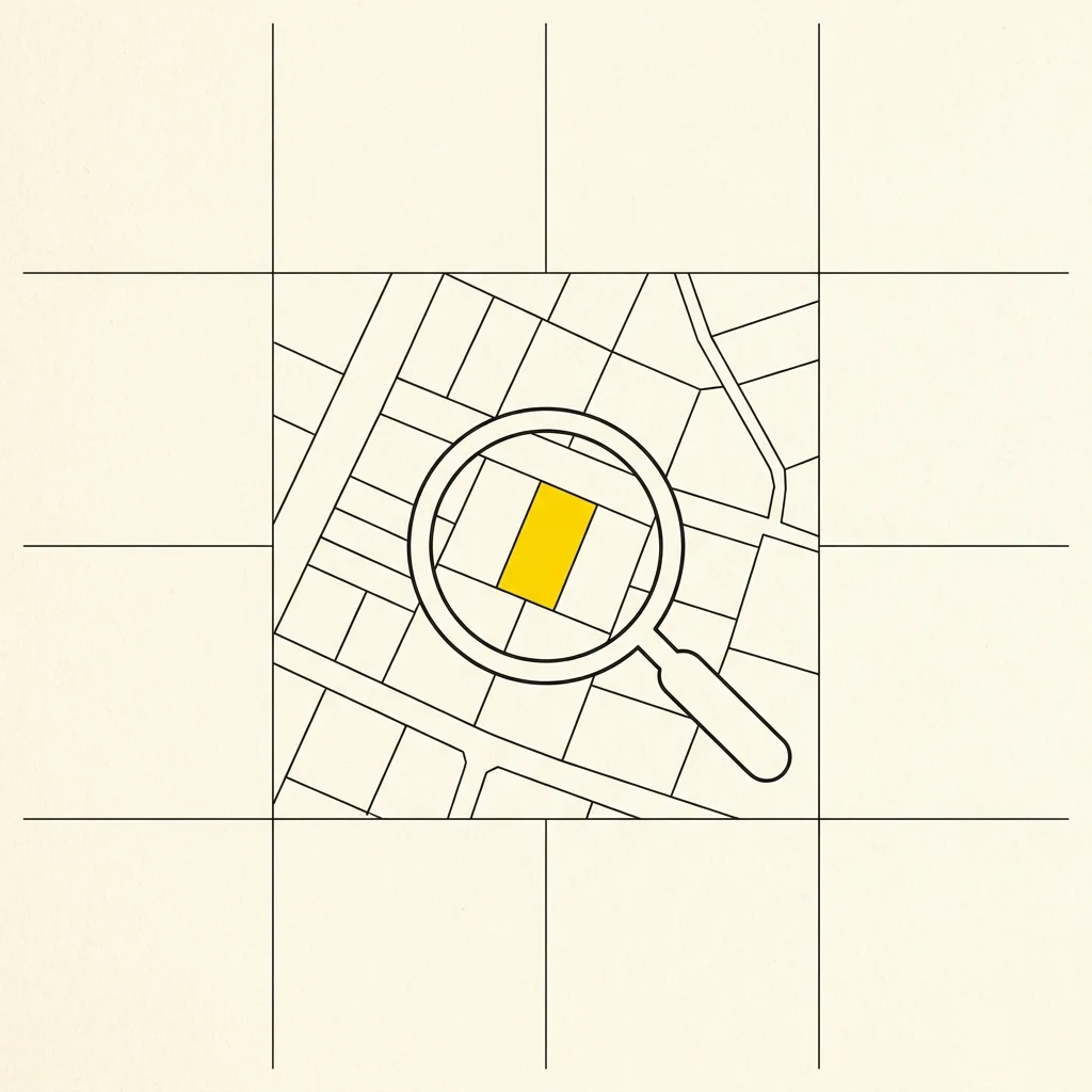 Illustrazione tecnica: mappa catastale con lente su una particella, tratto inchiostro e giallo su carta