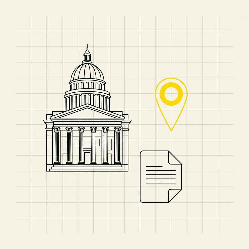 Illustrazione tecnica: edificio istituzionale con pin mappa e documento, tratto inchiostro e giallo su carta