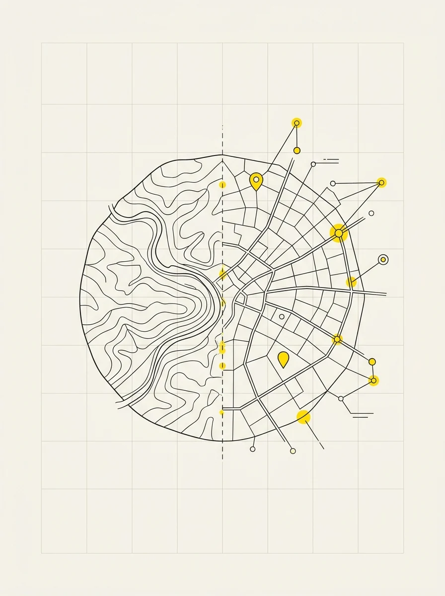 Illustrazione: vista aerea di un territorio che si trasforma in mappa GIS con particelle e dati, inchiostro e giallo su carta