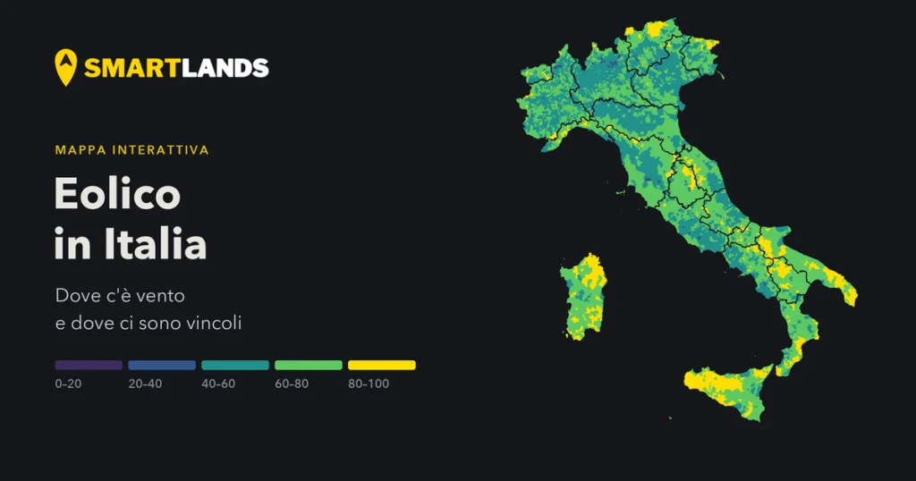 Anteprima della mappa: Eolico in Italia: dove c'è vento e dove ci sono vincoli, comune per comune
